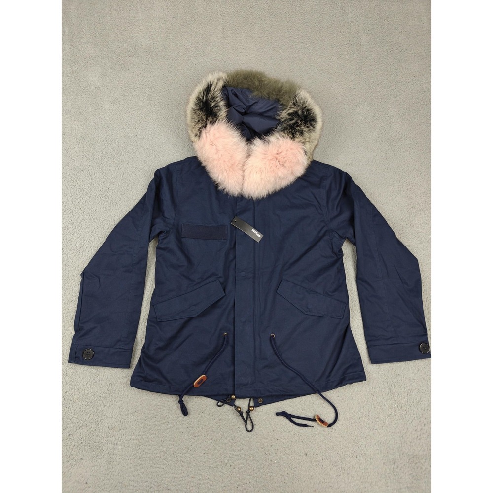 Ava Kris Jacket Womens Medium Blue Hooded Fur Parka Fishtail Zip Lined